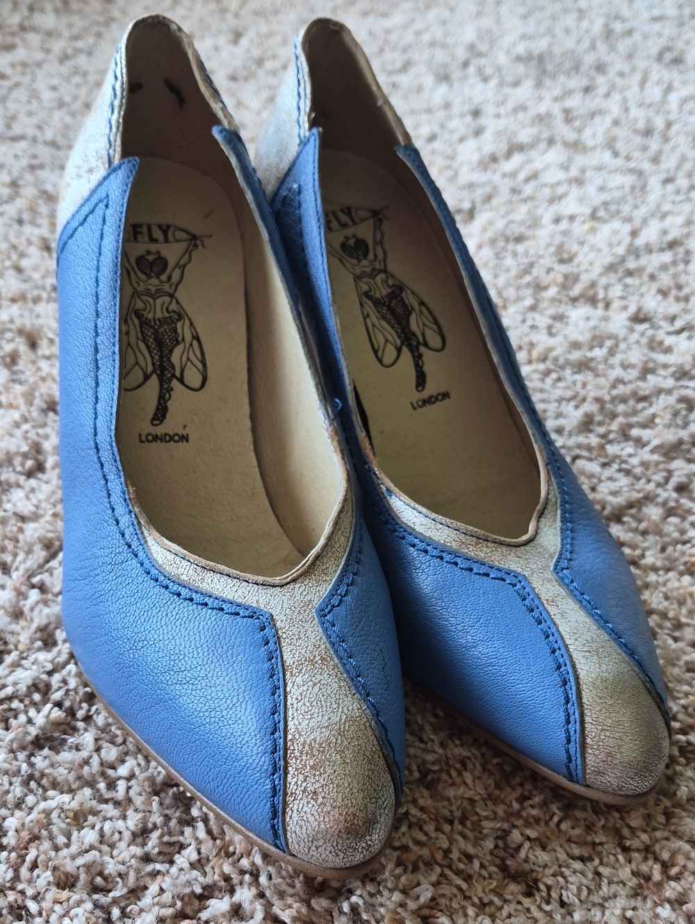 Fly London Blue and Cream Pointed Toe Leather Flats